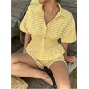 image:imageFloerns Womens 2 Piece Outfits Gingham Smocked Peplum Tops Mini Shorts SetYellow