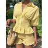 image:imageFloerns Womens 2 Piece Outfits Gingham Smocked Peplum Tops Mini Shorts SetYellow