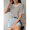 image:imageFloerns Womens Basic Striped Crewneck Short Sleeve Rib Knit Tops Tee ShirtsBlack White Striped