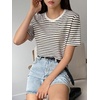 image:imageFloerns Womens Basic Striped Crewneck Short Sleeve Rib Knit Tops Tee ShirtsBlack White Striped