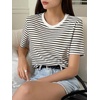image:imageFloerns Womens Basic Striped Crewneck Short Sleeve Rib Knit Tops Tee ShirtsBlack White Striped