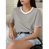 image:imageFloerns Womens Basic Striped Crewneck Short Sleeve Rib Knit Tops Tee ShirtsBlack White Striped