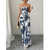 image:imageFloerns Womens Cheetah Print Strapless Tube Shirred Sleeveless Wide Leg Romper JumpsuitBlue and White