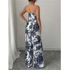 image:imageFloerns Womens Cheetah Print Strapless Tube Shirred Sleeveless Wide Leg Romper JumpsuitBlue and White