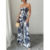 image:imageFloerns Womens Cheetah Print Strapless Tube Shirred Sleeveless Wide Leg Romper JumpsuitBlue and White