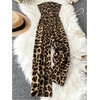image:imageFloerns Womens Cheetah Print Strapless Tube Shirred Sleeveless Wide Leg Romper JumpsuitDark Brown