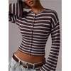 image:imageFloerns Womens Chic Striped Knit Button Up Cardigan Sweaters Fall ClothesBrown and Blue
