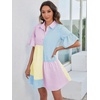 image:imageFloerns Womens Color Block Printed Short Sleeve Button Front Striped Shift DressPink and Blue