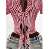 image:imageFloerns Womens Cute Ruffle Trim Gingham Shirts Puff Sleeve Tie Front Preppy BlousesRed