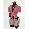 image:imageFloerns Womens Cute Ruffle Trim Gingham Shirts Puff Sleeve Tie Front Preppy BlousesRed
