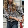 image:imageFloerns Womens Gingham Button Down Shirts Dressy Casual Long Sleeve Peplum Blouses Brunch OutfitsBlack and White