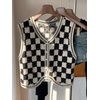 image:imageFloerns Womens Gingham Checkered Button Down V Neck Knit Sweater VestBlack and White