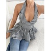 image:imageFloerns Womens Gingham Halter Tank Top V Neck Ruffle Peplum Going Out TopsBlack and White