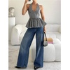 image:imageFloerns Womens Gingham Halter Tank Top V Neck Ruffle Peplum Going Out TopsBlack and White