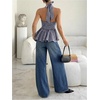 image:imageFloerns Womens Gingham Halter Tank Top V Neck Ruffle Peplum Going Out TopsDark Blue