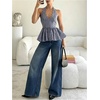 image:imageFloerns Womens Gingham Halter Tank Top V Neck Ruffle Peplum Going Out TopsDark Blue