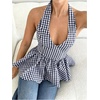 image:imageFloerns Womens Gingham Halter Tank Top V Neck Ruffle Peplum Going Out TopsDark Blue