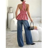 image:imageFloerns Womens Gingham Halter Tank Top V Neck Ruffle Peplum Going Out TopsRed and White