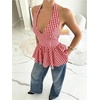 image:imageFloerns Womens Gingham Halter Tank Top V Neck Ruffle Peplum Going Out TopsRed and White