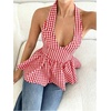 image:imageFloerns Womens Gingham Halter Tank Top V Neck Ruffle Peplum Going Out TopsRed and White