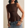 image:imageFloerns Womens Gingham Peplum Tie Shoulder Sleeveless Elegant Tank TopsDark Brown