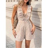 image:imageFloerns Womens Gingham Summer Rompers Ruffle V Neck Tie Front Beach Vacation Short JumpsuitsKhaki Gingham