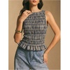 image:imageFloerns Womens Gingham Tank Top Peplum Ruffled Boat Neck Smocked TopsBlue