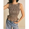 image:imageFloerns Womens Gingham Tank Top Peplum Ruffled Boat Neck Smocked TopsBrown