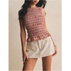 image:imageFloerns Womens Gingham Tank Top Peplum Ruffled Boat Neck Smocked TopsRed