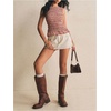 image:imageFloerns Womens Gingham Tank Top Peplum Ruffled Boat Neck Smocked TopsRed