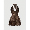 image:imageFloerns Womens Leopard Halter Deep V Neck Dress Layered Ruffle Gothic Y2k Mini DressBrown