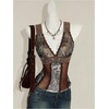 image:imageFloerns Womens Leopard Lace Trim Rave Top Sheer Mesh Tank TopsBrown Multi