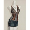 image:imageFloerns Womens Leopard Lace Trim Rave Top Sheer Mesh Tank TopsBrown Multi
