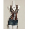 image:imageFloerns Womens Leopard Lace Trim Rave Top Sheer Mesh Tank TopsBrown Multi