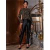 image:imageFloerns Womens Leopard Print Long Sleeve Frill Trim Mock Neck Blouse TopsBrown Multi