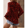 image:imageFloerns Womens Leopard Print Long Sleeve Frill Trim Mock Neck Blouse TopsRed