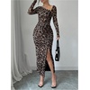image:imageFloerns Womens Leopard Print Long Sleeve Slit Drawstring Ruched Bodycon Party DressBlack