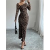 image:imageFloerns Womens Leopard Print Long Sleeve Slit Drawstring Ruched Bodycon Party DressBlack