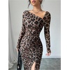 image:imageFloerns Womens Leopard Print Long Sleeve Slit Drawstring Ruched Bodycon Party DressBlack