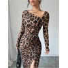 image:imageFloerns Womens Leopard Print Long Sleeve Slit Drawstring Ruched Bodycon Party DressBrown Leopard