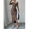 image:imageFloerns Womens Leopard Print Long Sleeve Slit Drawstring Ruched Bodycon Party DressBrown Leopard