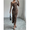 image:imageFloerns Womens Leopard Print Long Sleeve Slit Drawstring Ruched Bodycon Party DressBrown Leopard