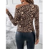 image:imageFloerns Womens Leopard Print Long Sleeve Tee Shirt Asymmetrical Neck Slim Fit Tee TopsBrown
