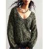 image:imageFloerns Womens Leopard Print Off The Shoulder Sweater Fall 2025 Trendy V Neck Loose Casual Long Sleeve Fuzzy SweaterArmy Green