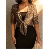 image:imageFloerns Womens Leopard Print Tie Front Mesh Blouses Half Sleeve Open Cropped Fall CardigansBrown