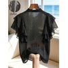 image:imageFloerns Womens Mesh Ruffle Sleeve Polka Dots Dressy Casual Blouse TopsBlack and White