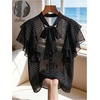 image:imageFloerns Womens Mesh Ruffle Sleeve Polka Dots Dressy Casual Blouse TopsBlack and White