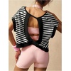 image:imageFloerns Womens Open Back Workout Top Striped Short Sleeve Gym Athletic Running TeesBlack and White