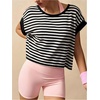 image:imageFloerns Womens Open Back Workout Top Striped Short Sleeve Gym Athletic Running TeesBlack and White