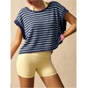 image:imageFloerns Womens Open Back Workout Top Striped Short Sleeve Gym Athletic Running TeesBlue